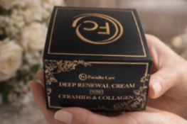 Hand holding a black and gold skincare cream box with decorative elements.