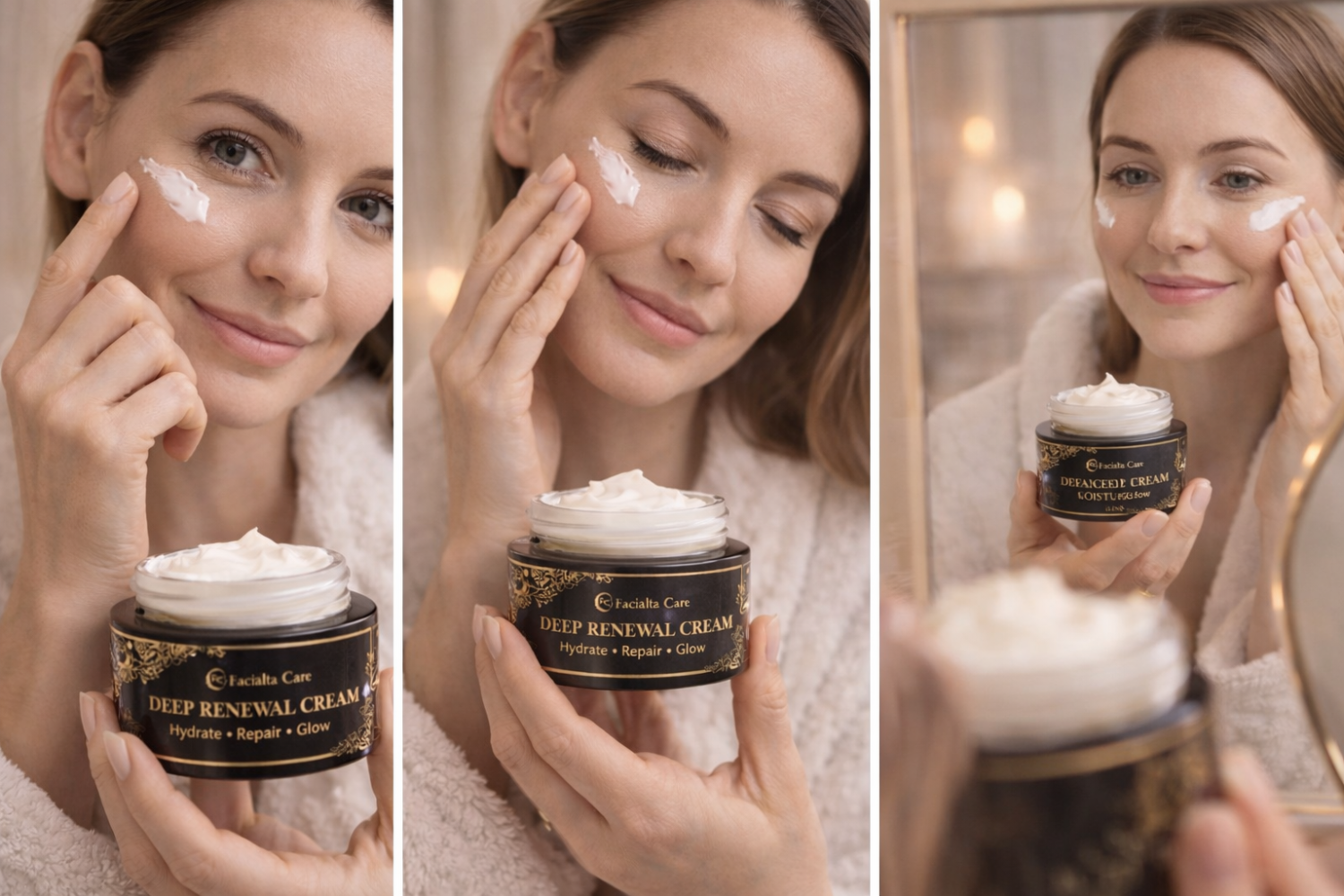 Woman applying cream to her face with a jar of 'Deep Renewal Cream' in a cozy setting.