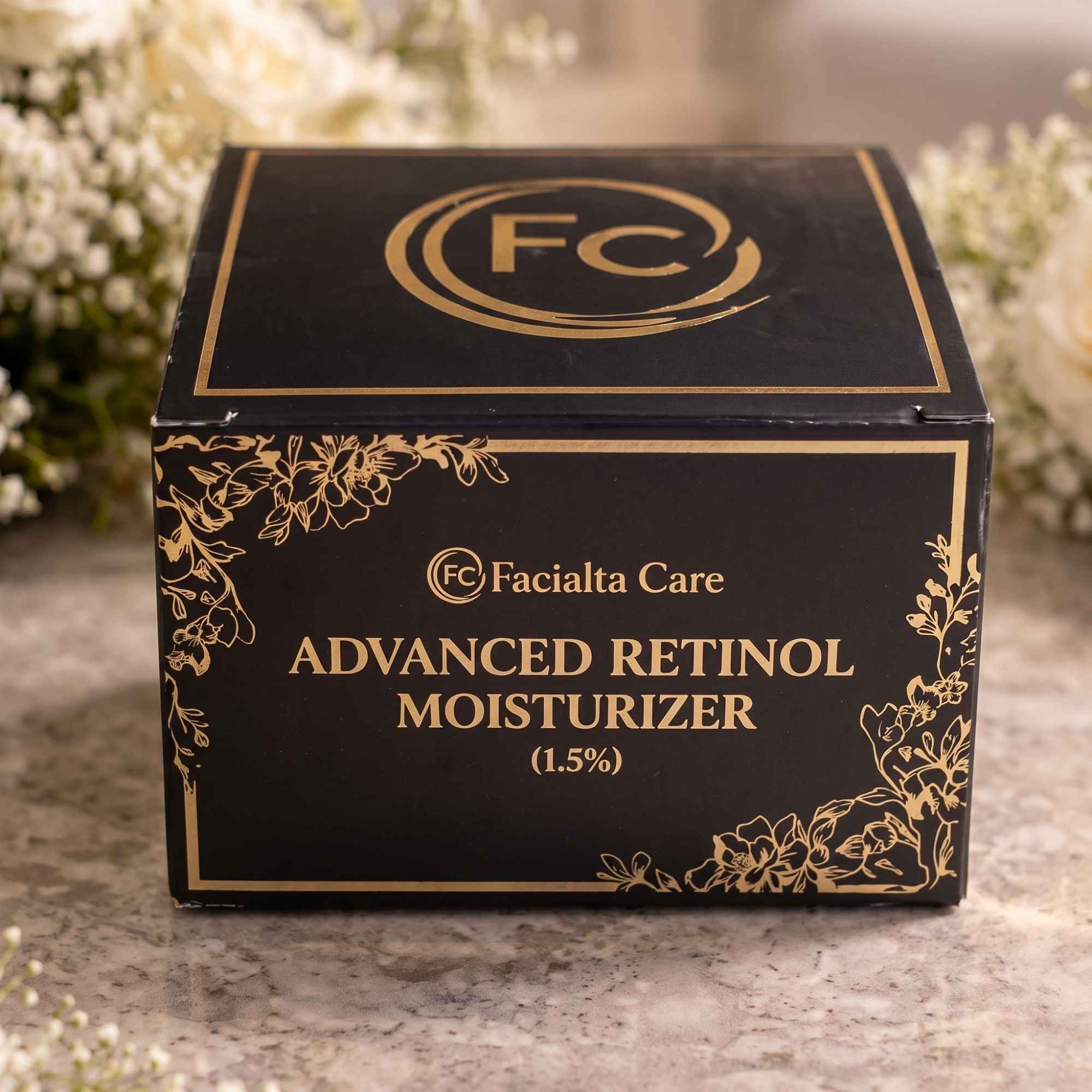 Close-up texture of Facialta retinol moisturizer showing smooth anti-aging skincare formula