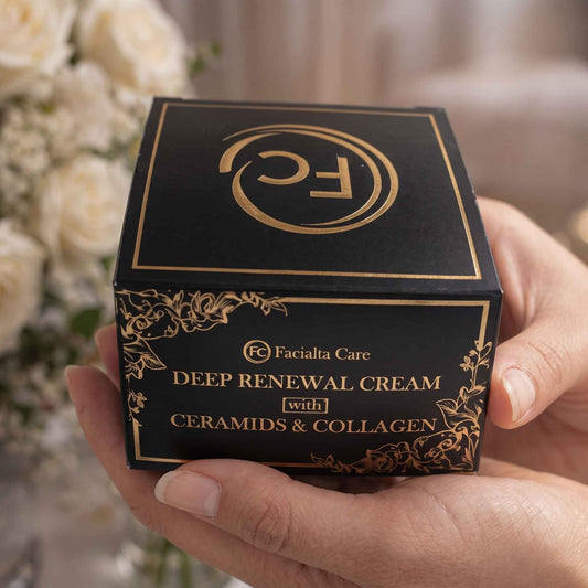 Woman applying Facialta deep renewal cream for smooth glowing and healthy skin
