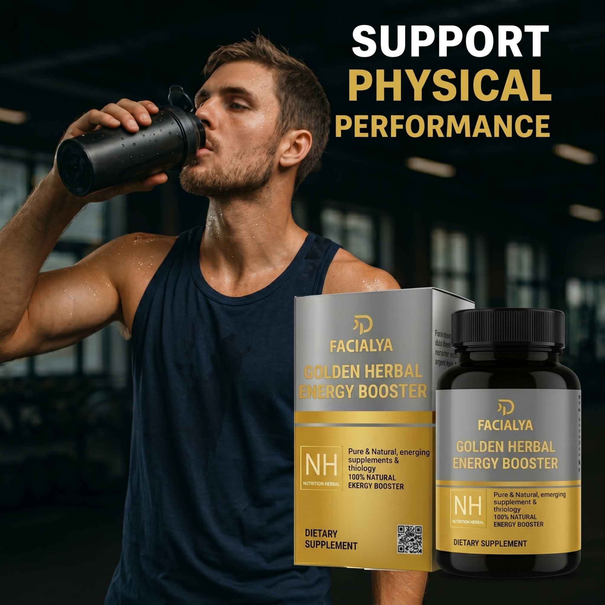 Man using Facialta energy booster supplement for physical performance and stamina