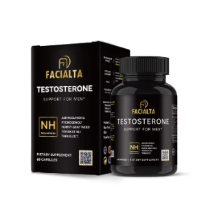 Facialta Testosterone support supplement bottle and packaging on a white background