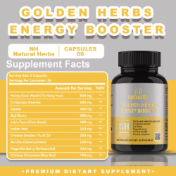 Facialtha Golden Herbs Energy Booster supplement bottle with label and supplement facts on a gray background