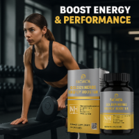 Woman exercising in a gym with Facialta Golden Herbs Energy Booster packaging and bottle.