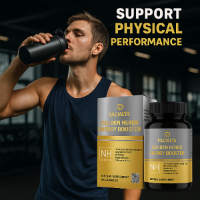 Man drinking from a shaker bottle with Facialta Golden Herbs Energy Booster supplement in the foreground.