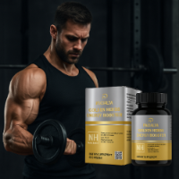 Muscular man holding a dumbbell with Facialta Golden Herbs Energy Booster supplement packaging and bottle in the foreground.