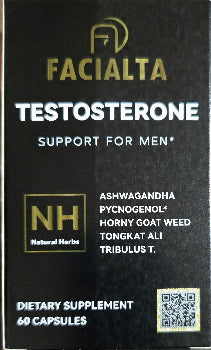 Facialta Testosterone Support supplement packaging with NH Natural Herbs branding on a black background.